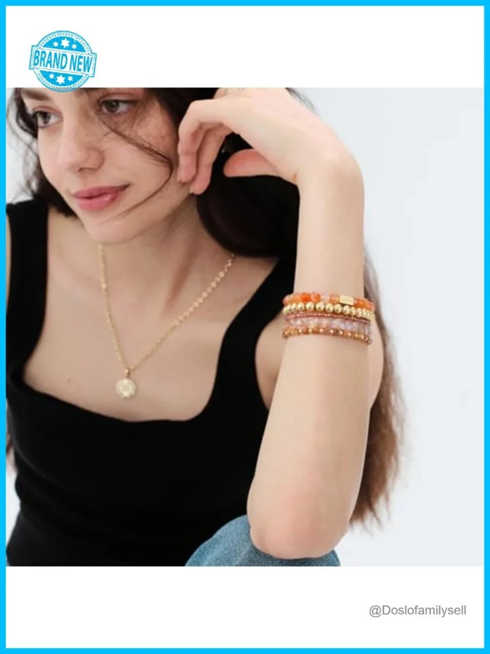 5-Piece Stackable Beaded Stretch Bracelet Set, 14K Gold Plated Natural Stone